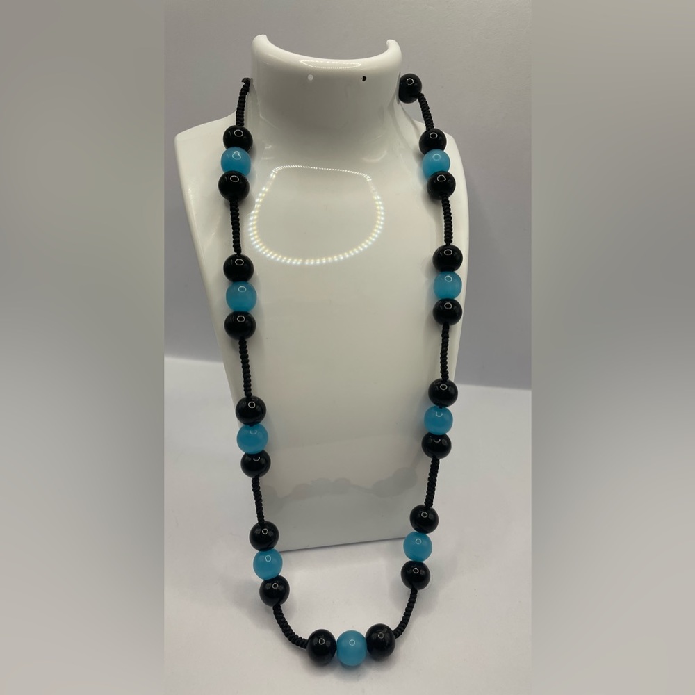 3 for $30 Artisan Necklace with Black and Blue Glass Beads on Twisted Cord